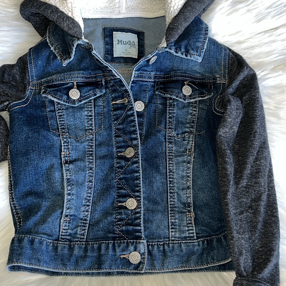 Mudd Blue and Gray Jean Jacket with Hood and Contrast Stitching
